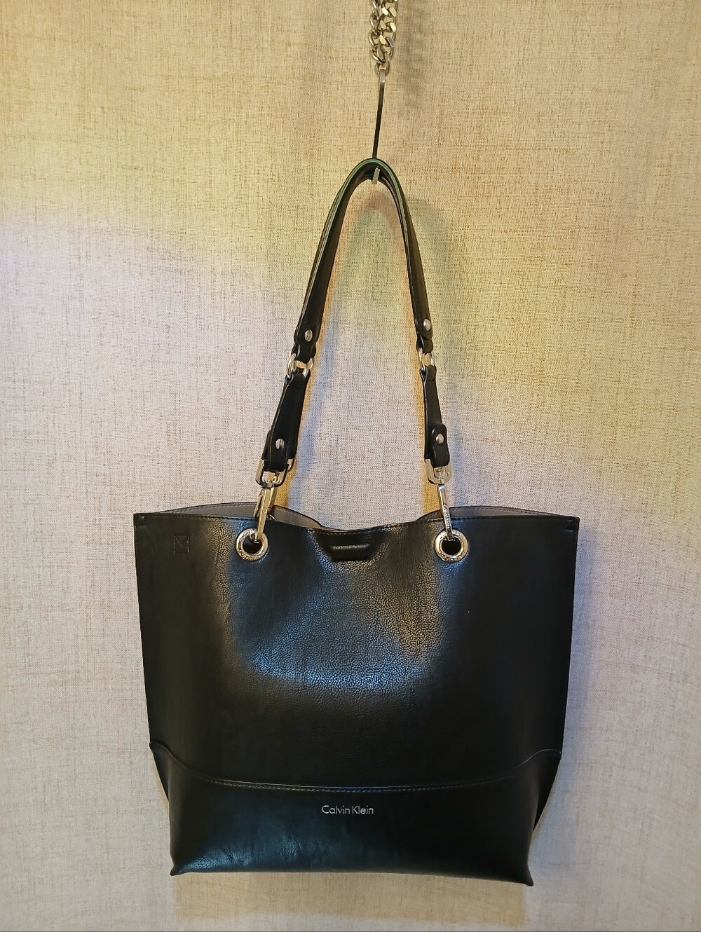 Calvin Klein Black Leather Tote with Silver Hardware Vintage Y2K